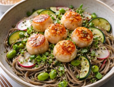 Délice de Saint-Jacques fumées sur lit de soba et légumes