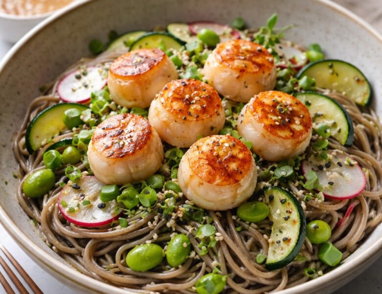 Délice de Saint-Jacques fumées sur lit de soba et légumes