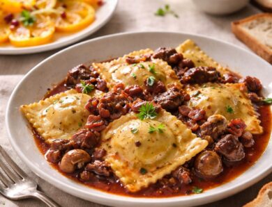 Raviolis au bœuf bourguignon et carpaccio d&rsquo;orange