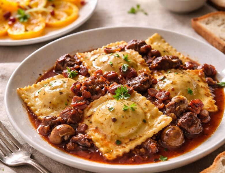 Raviolis au bœuf bourguignon et carpaccio d&rsquo;orange
