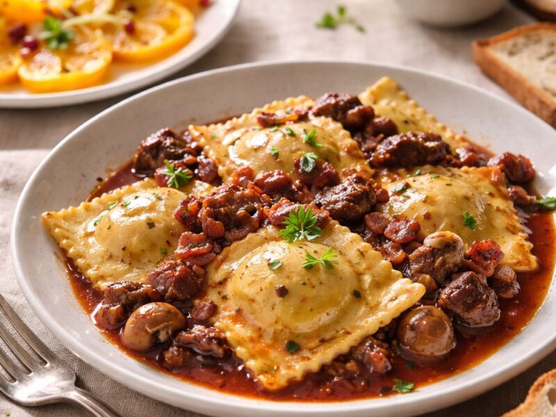 Raviolis au bœuf bourguignon et carpaccio d&rsquo;orange