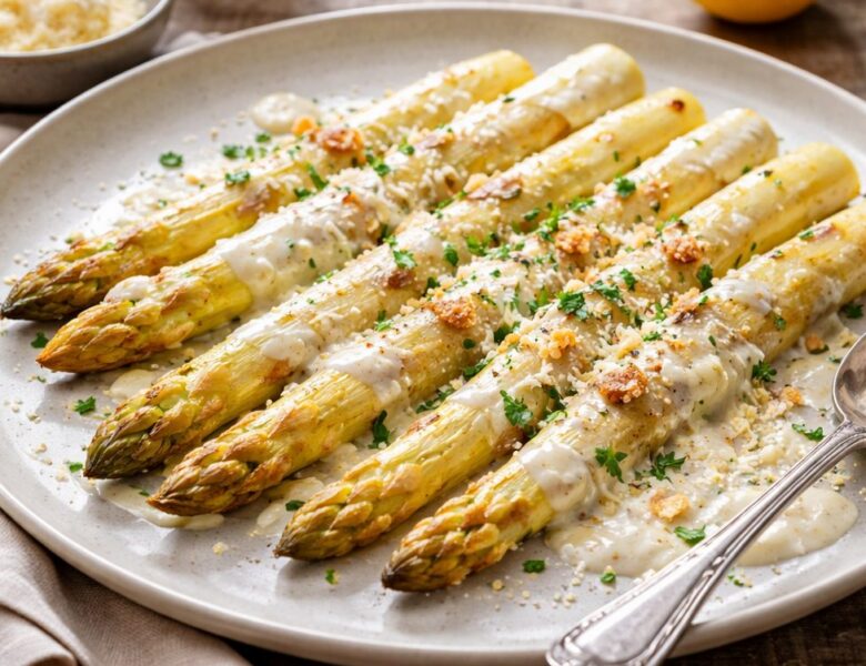 Délice d&rsquo;asperges blanches rôties à la crème de parmesan
