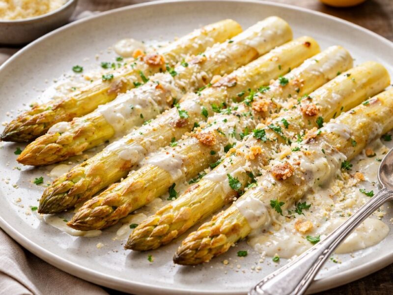 Délice d&rsquo;asperges blanches rôties à la crème de parmesan